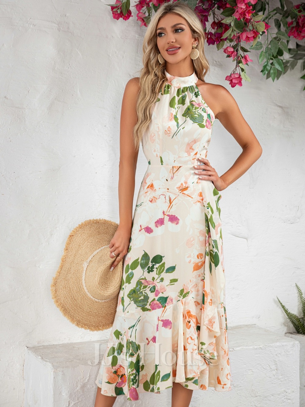 JJs House Cream Halter Midi Dress with Green and Pink Floral Print